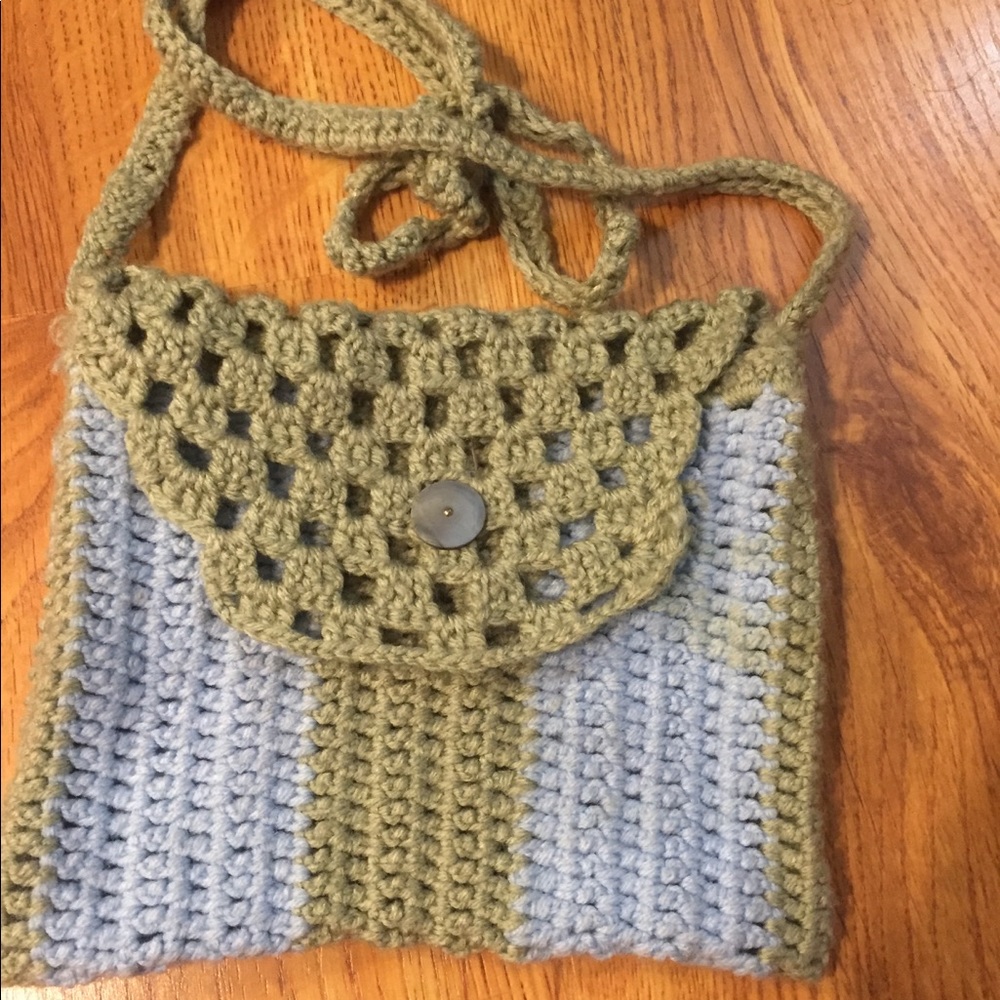 Hand made knitted green and blue purse